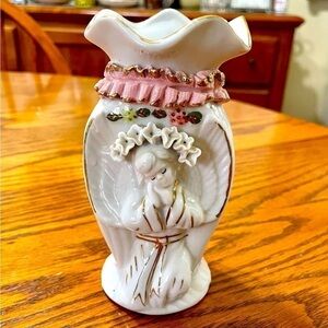 Vintage Ceramic Geisha Bud Vase White Pink Gold